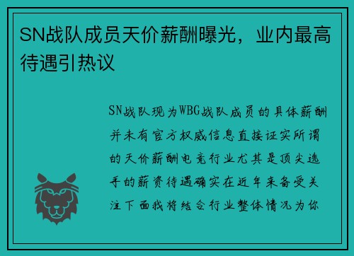 SN战队成员天价薪酬曝光，业内最高待遇引热议